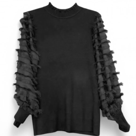 Sioni Sweaters - Sioni Milano Black Sweater Fringe Sleeves Womens M